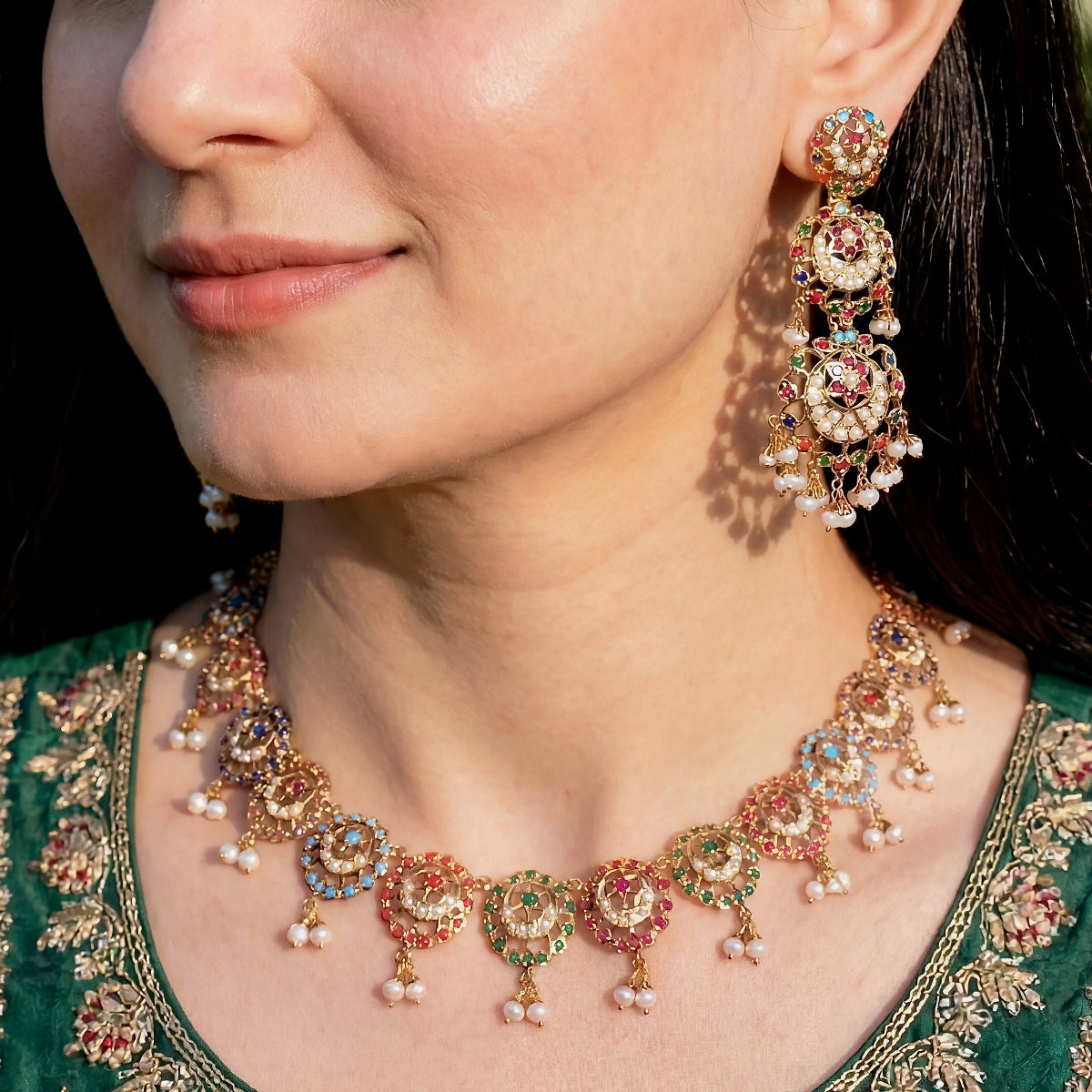 Exquisite Navaratna Necklace with Long Danglers | Premium Indian Jadau Jewelry on Silver with Gold Plating NS 406