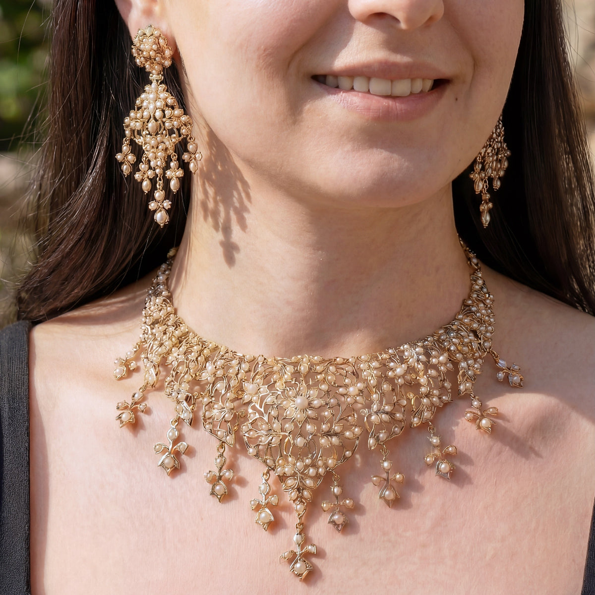 Unique Pearl Necklace Set | Antique Design | Gold Plated on Silver NS 414