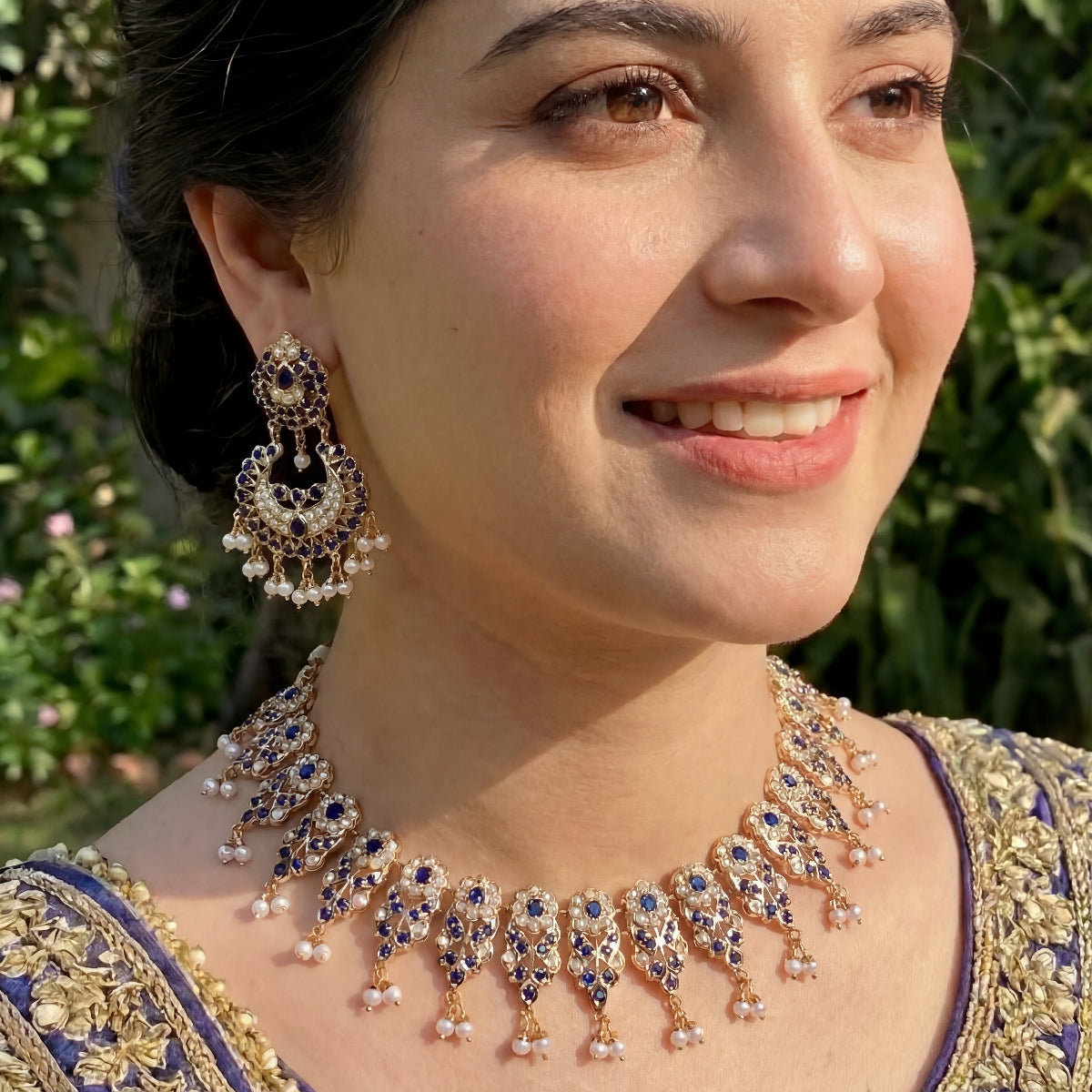 Elegant Sapphire Pearl Necklace with Chandbali Earrings NS 359