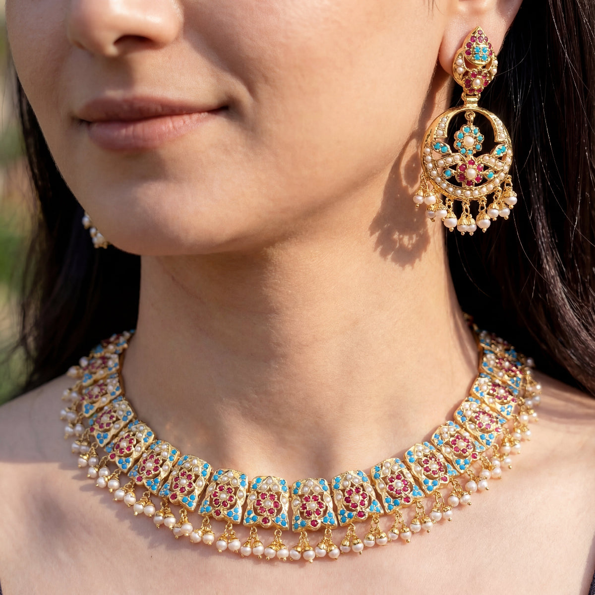 Jadau Necklace Set | Gold Plated on Silver | Ruby Pearl Feroza Combination NS 333