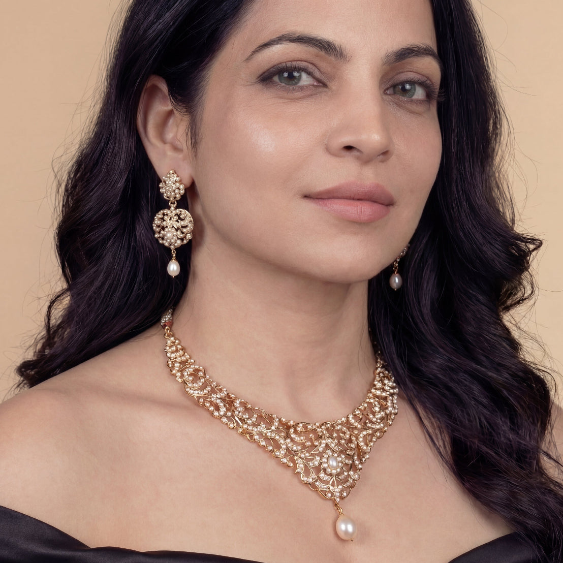 Pearl Necklace Set | Antique Design | Gold Plated on Silver NS 395