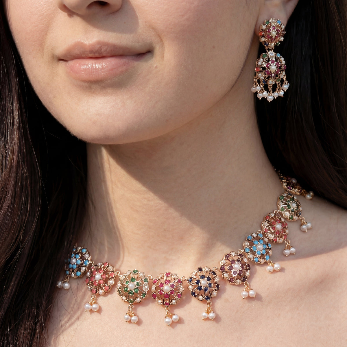 Cute Navratan Necklace Set | 925 Silver Gold Plated NS 372