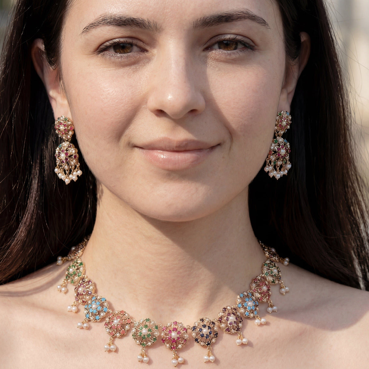 Cute Navratan Necklace Set | 925 Silver Gold Plated NS 372