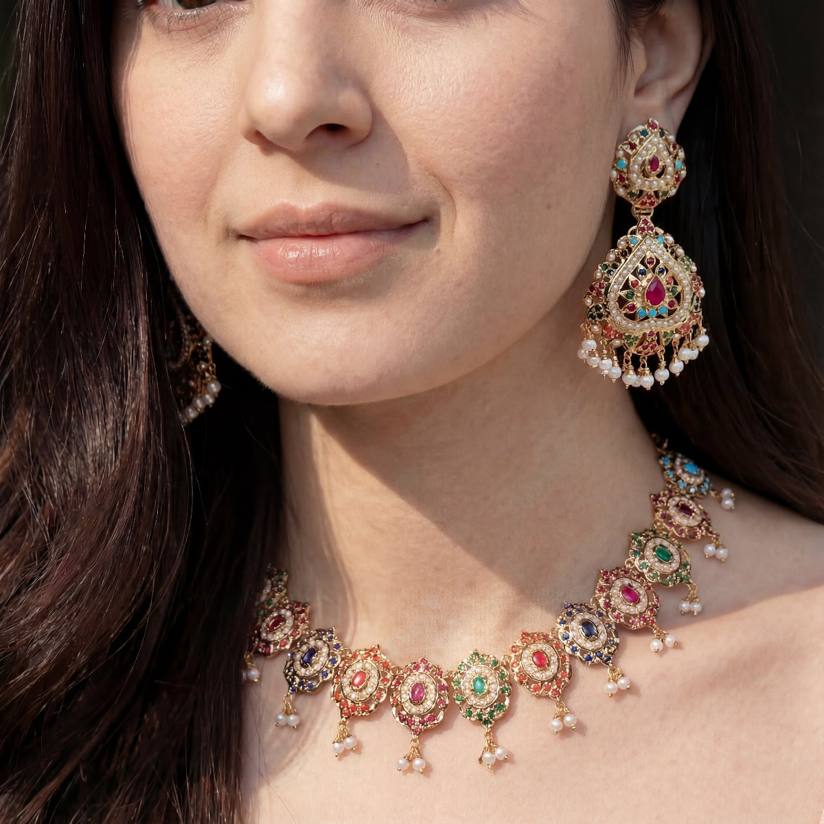 Jadau Navratan Set | Gold Plated on Pure Silver | Necklace with Large Earrings NS 375