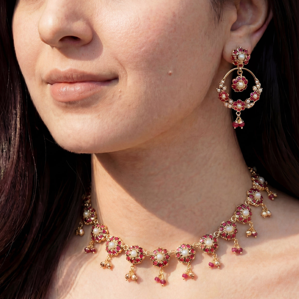 Gold Plated Floral Ruby Set | Delicate Necklace & Chandbali Earrings For Gifting NS 299
