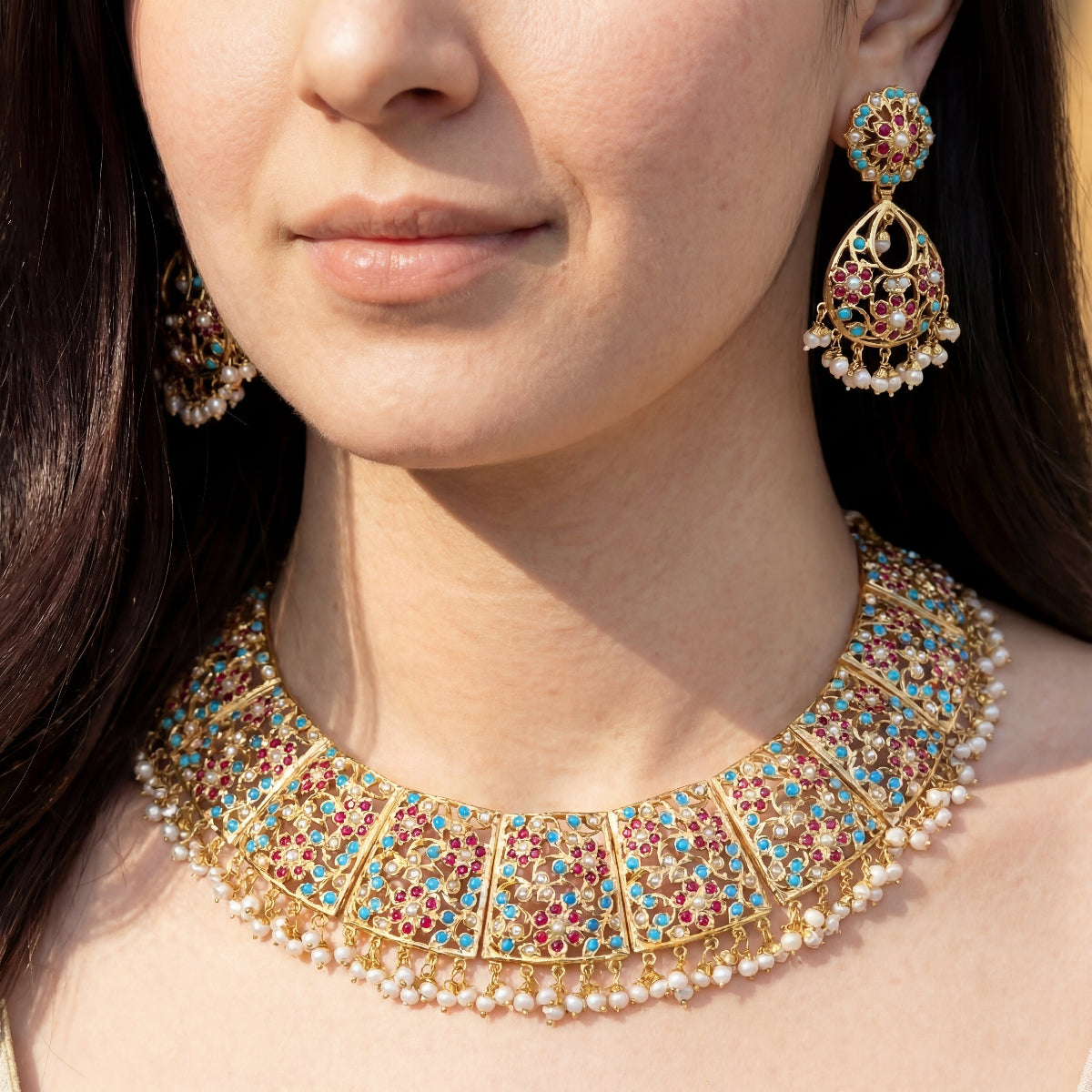 Broad Jadau Necklace Set | Bridal Jewellery | Gold Plated Jadau Set NS 280