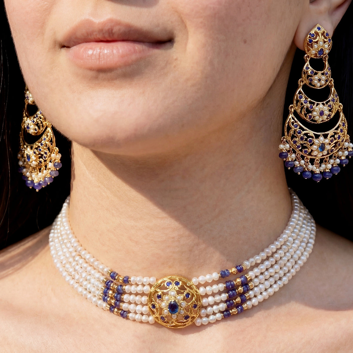 Sleek Choker with Earrings | Sapphire and Pearl Jewelry | Jadau Choker Set | NS 268