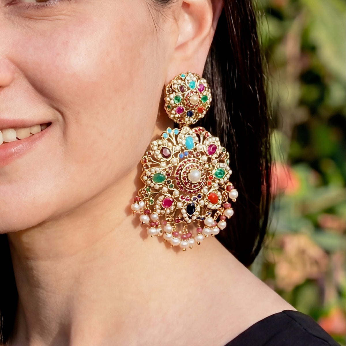 Classic Navrattan Earrings | Statement Jadau Danglers ER 445