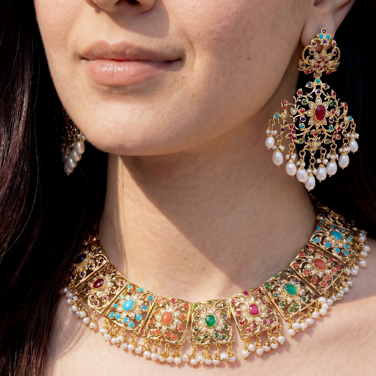 Bridal Navratna Necklace Set | Broad Necklace | Statement Earrings NS 295