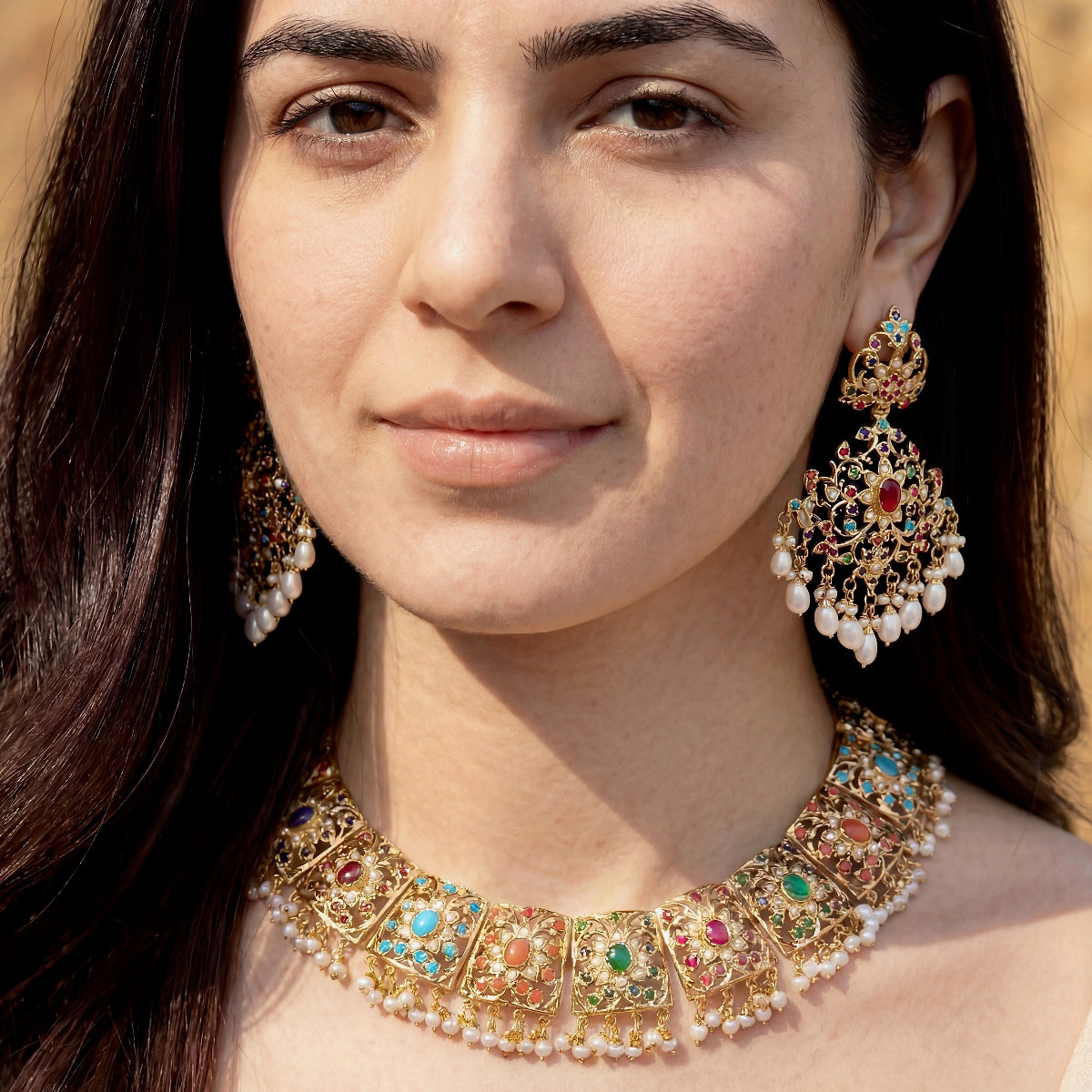 ब्राइडल नवरात्रि नेकलेस सेट | ब्रॉड नेकलेस | स्टेटमेंट इयररिंग्स NS 338