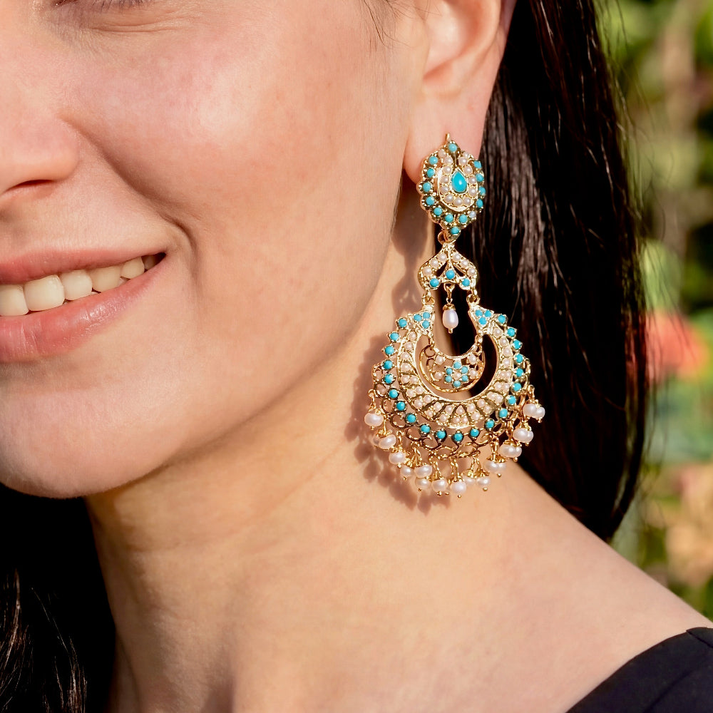 Pearl & Feroza Studded Chandbali Danglers | Ethnic Indian Jadau Jewelry ER 608