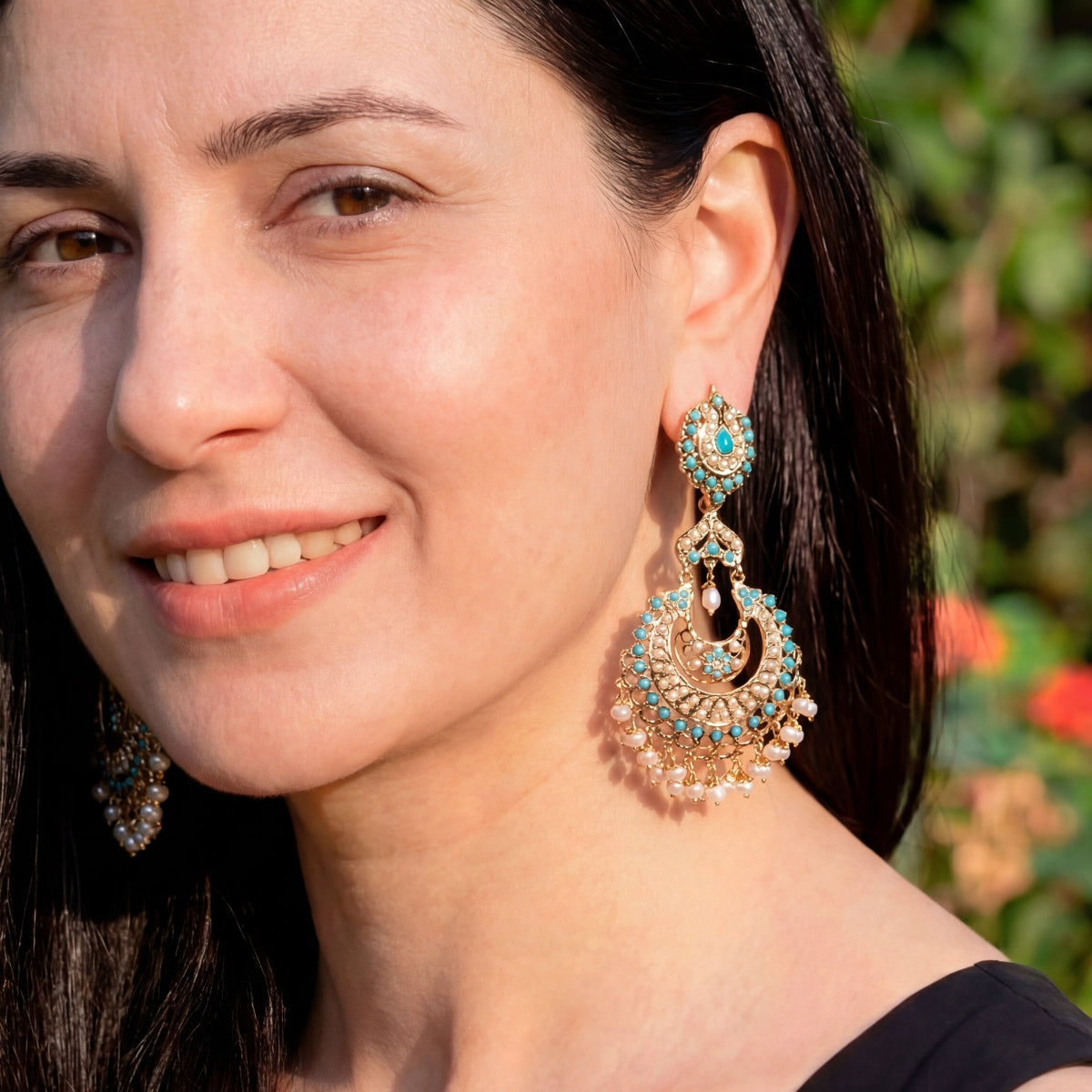 Pearl & Feroza Studded Chandbali Danglers | Ethnic Indian Jadau Jewelry ER 608