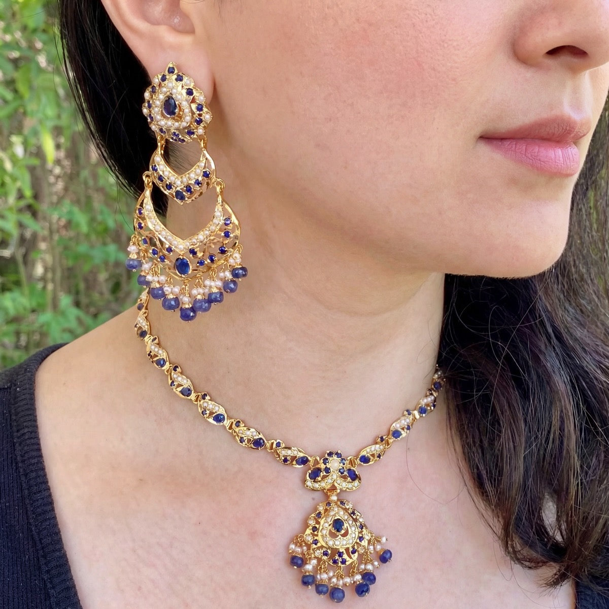 Jadau Set with Blue Sapphires & Pearls | Navy Blue & Pearl Combination NS 286