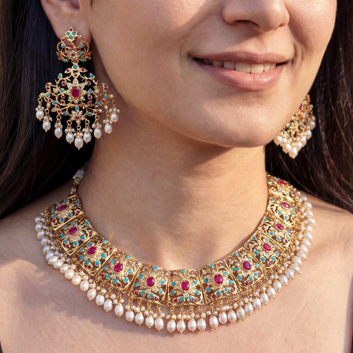 Multicoloured Jadau Set | 22k Gold Plated | Sterling Silver NS 263