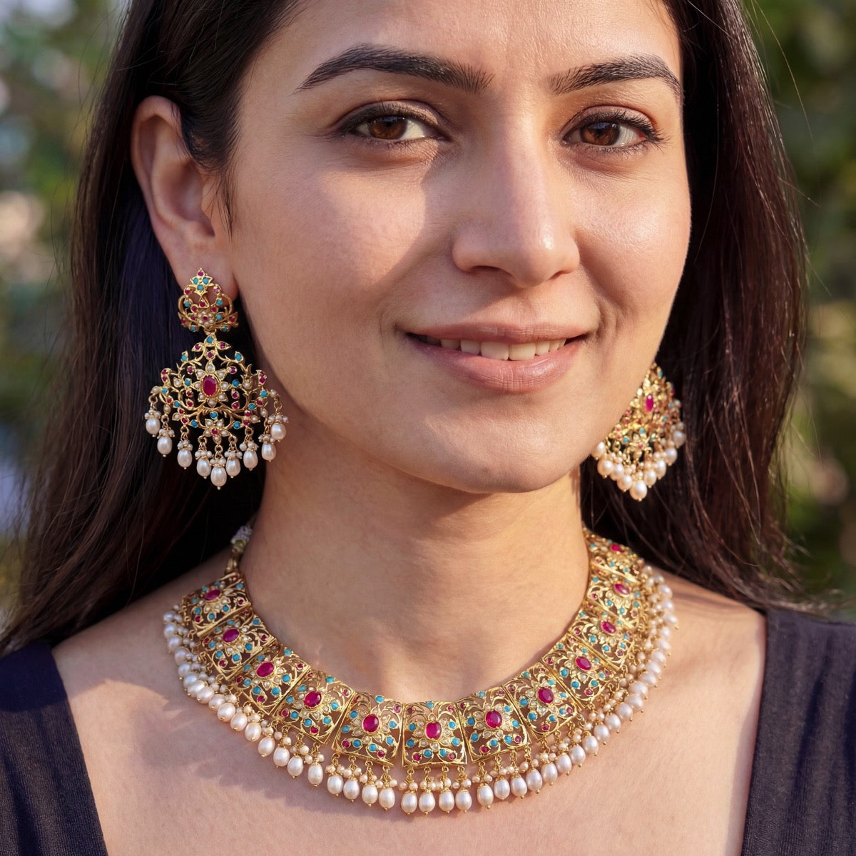 Multicoloured Jadau Set | 22k Gold Plated | Sterling Silver NS 263