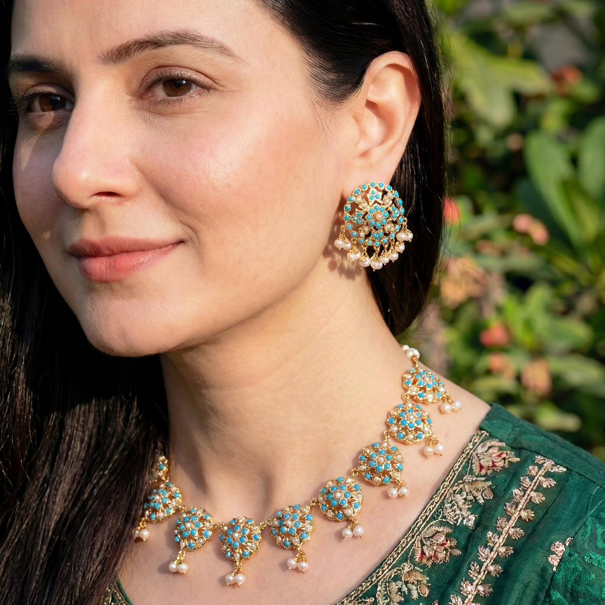 फ़िरोज़ा और मोती सेट | गोल्ड प्लेटेड | पार्टी वियर डिज़ाइन NS 228