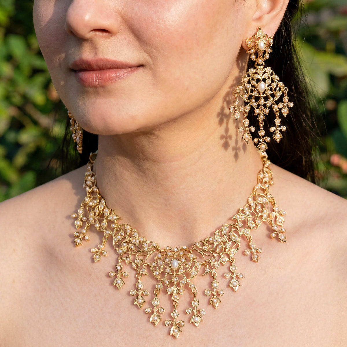 Antique Look Necklace Set | Gold Polished Sterling Silver | Studded with Freshwater Pearls NS 093