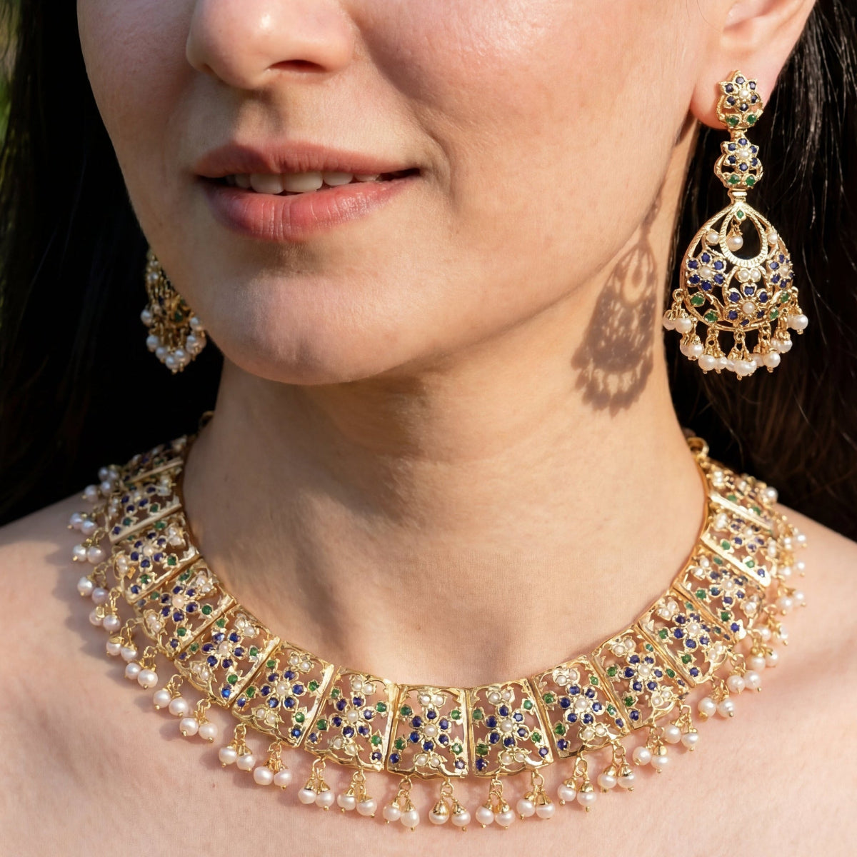 गोल्ड प्लेटेड सेट | स्टोन और मोती जड़े | सिल्वर पर नेकलेस सेट NS 208