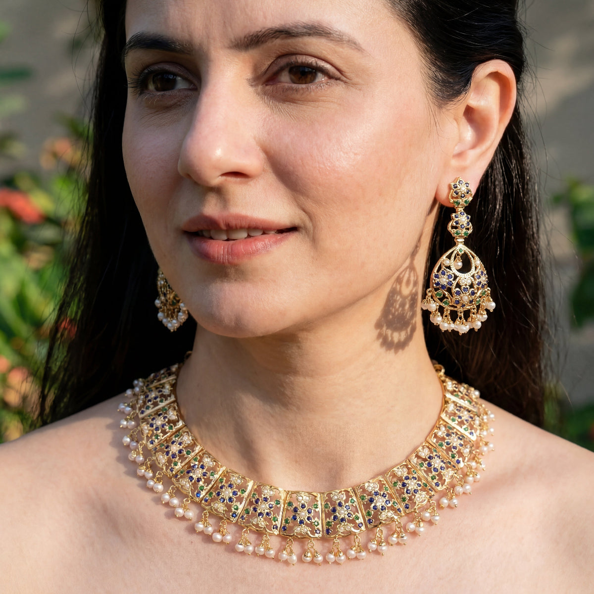 गोल्ड प्लेटेड सेट | स्टोन और मोती जड़े | सिल्वर पर नेकलेस सेट NS 208