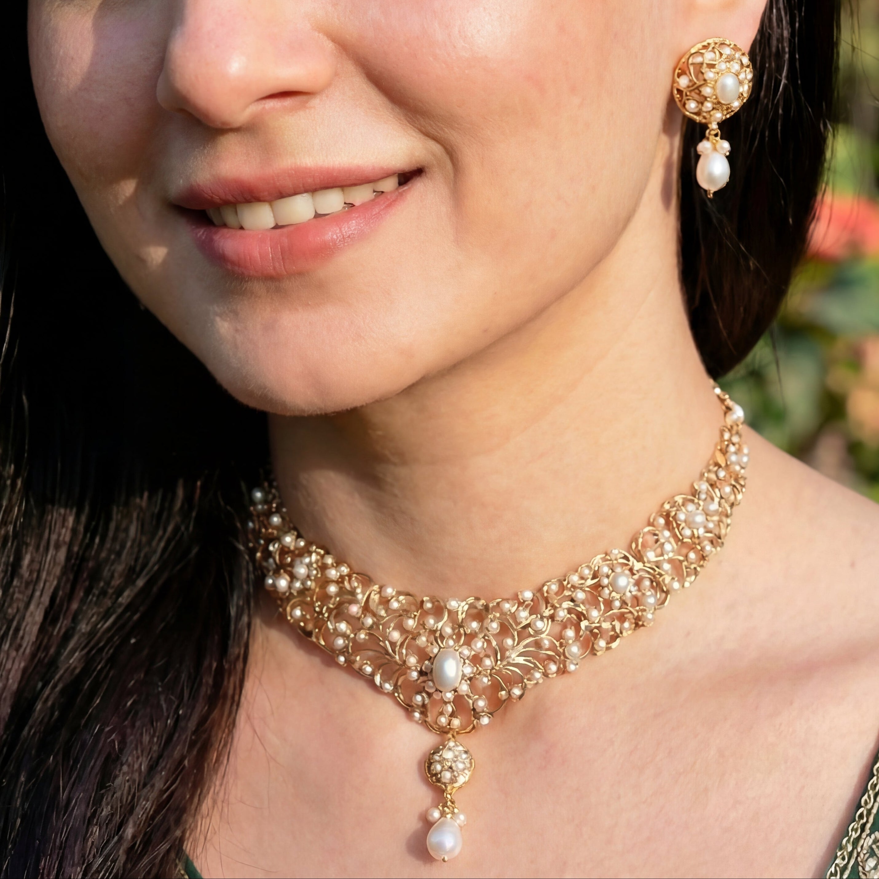 Antique Style Pearl Necklace Set | Edwardian Design | Gold Plated on Silver NS 369