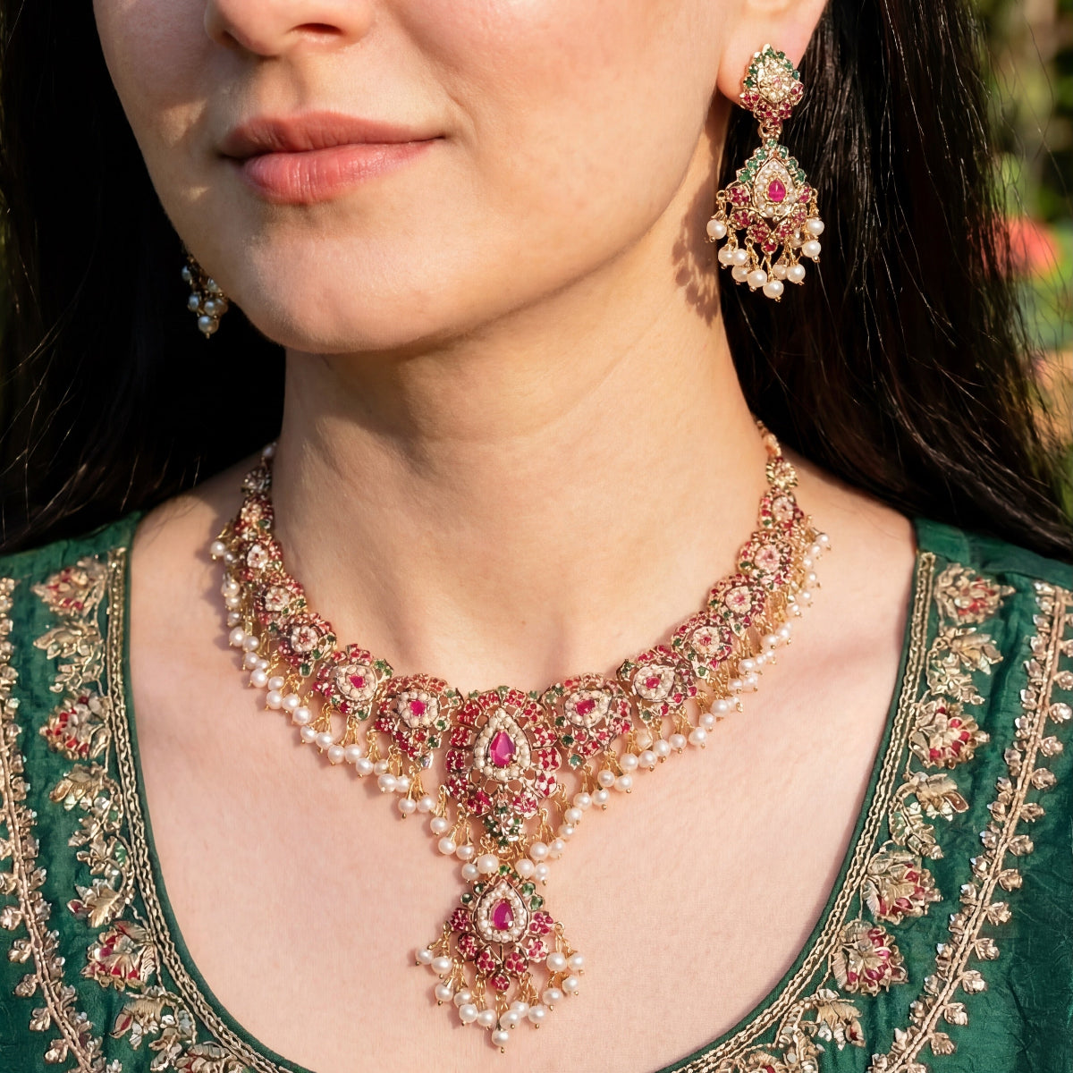 Ethnic Jadau Necklace Set | Gold Plated on Silver | Ruby Emerald Pearl Combination NS 421