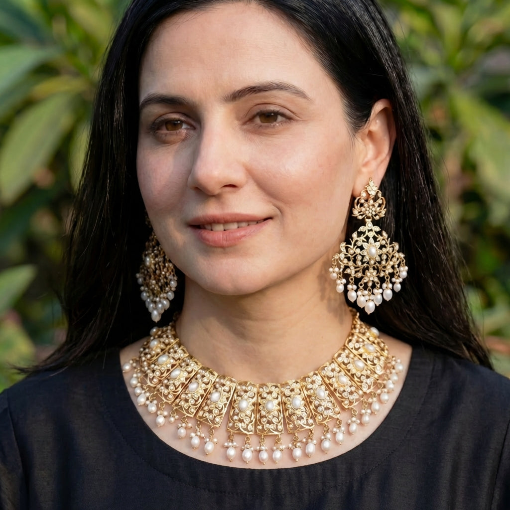 Gold Plated Pearl Necklace Set | Bridal Wear Jewelry | Indian Pearl Jewelry NS 086