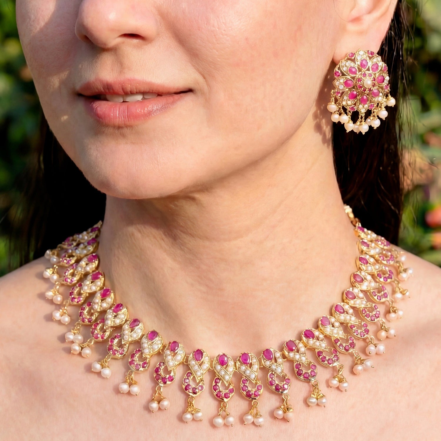 బంగారు పూత పూసిన భారతీయ ఆభరణాలను ఆన్లైన్లో కొనుగోలు చేయండి | రూబీ పెర్ల్ నెక్లెస్ సెట్ NS 173