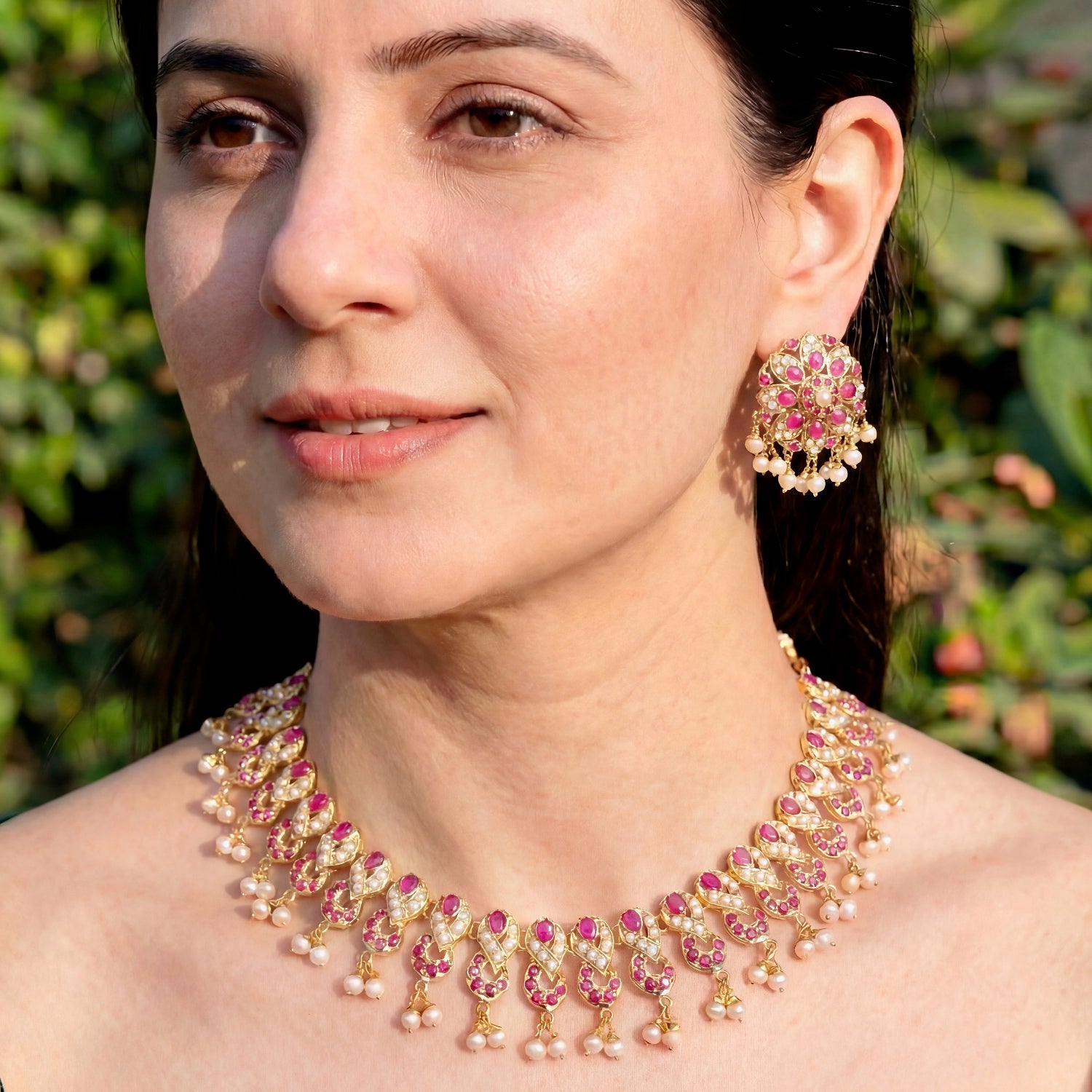 బంగారు పూత పూసిన భారతీయ ఆభరణాలను ఆన్లైన్లో కొనుగోలు చేయండి | రూబీ పెర్ల్ నెక్లెస్ సెట్ NS 173
