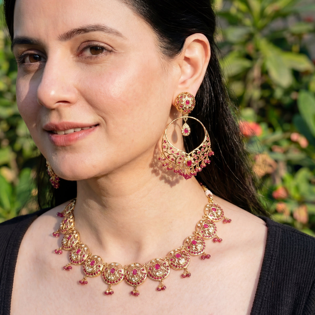Delicate Ruby Necklace with Statement Earrings | Jadau Jewellery | NS 267