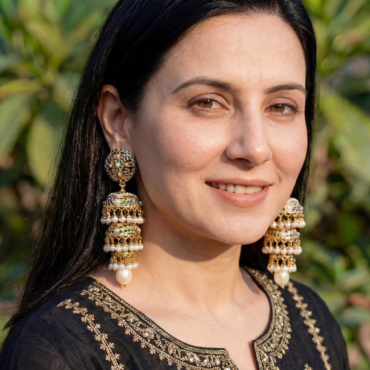 ट्रिपल झुमका इयररिंग्स | जड़ाऊ झुमका ऑनलाइन खरीदें | 925 सिल्वर ER 336 पर गोल्ड प्लेटेड