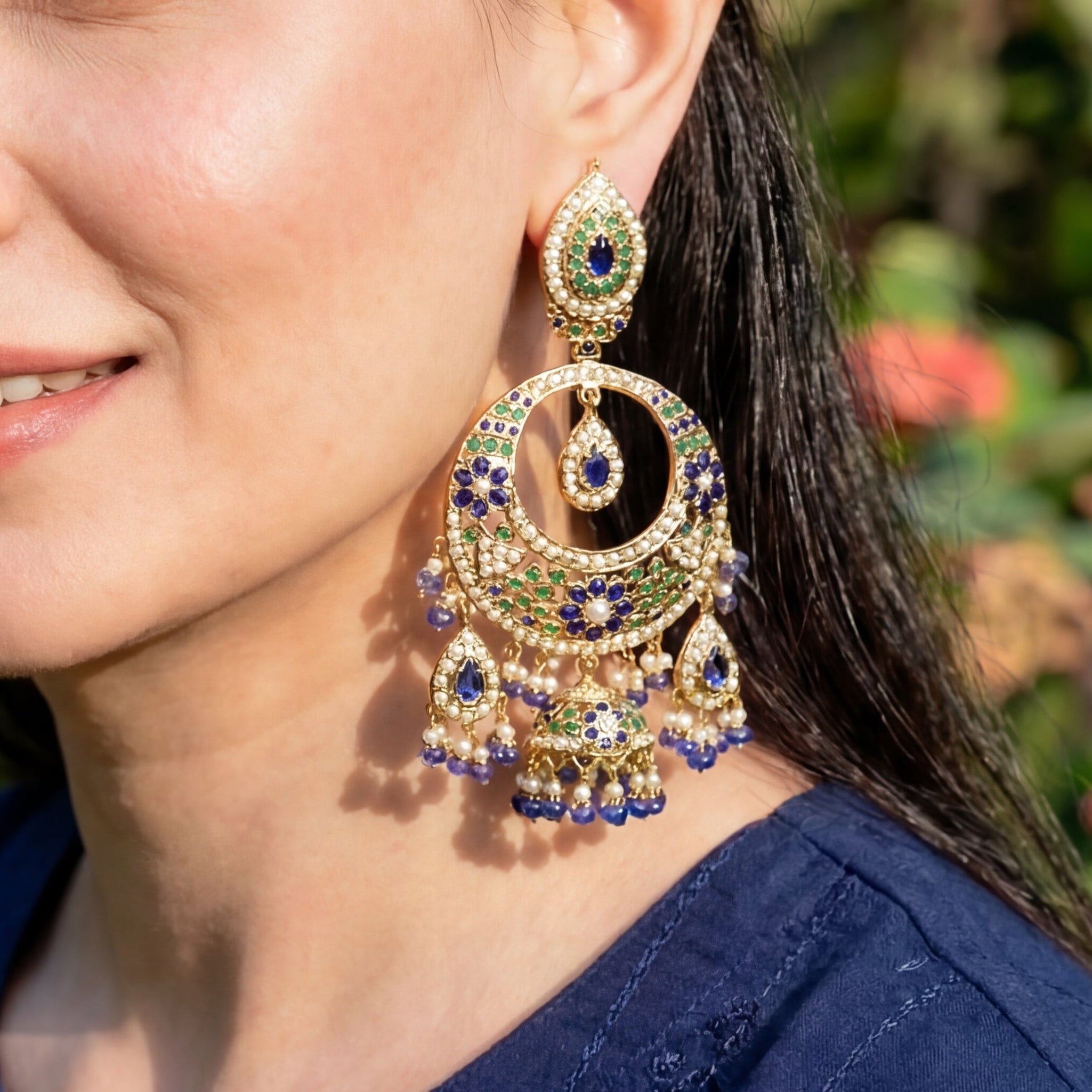 భారీ చంద్బాలీ చెవిపోగులు | ఝుమ్కాతో ప్రకటన జదౌ డాంగ్లర్స్ | బంగారు పూత పూసిన ER 334