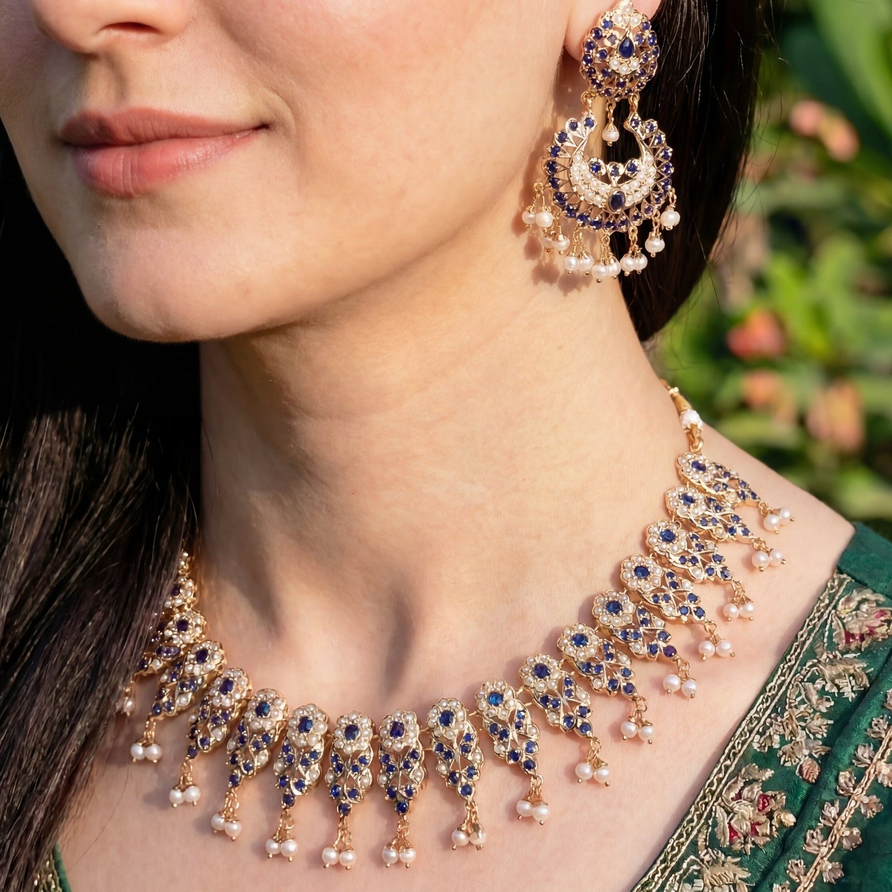 Elegant Sapphire Pearl Necklace with Chandbali Earrings NS 359