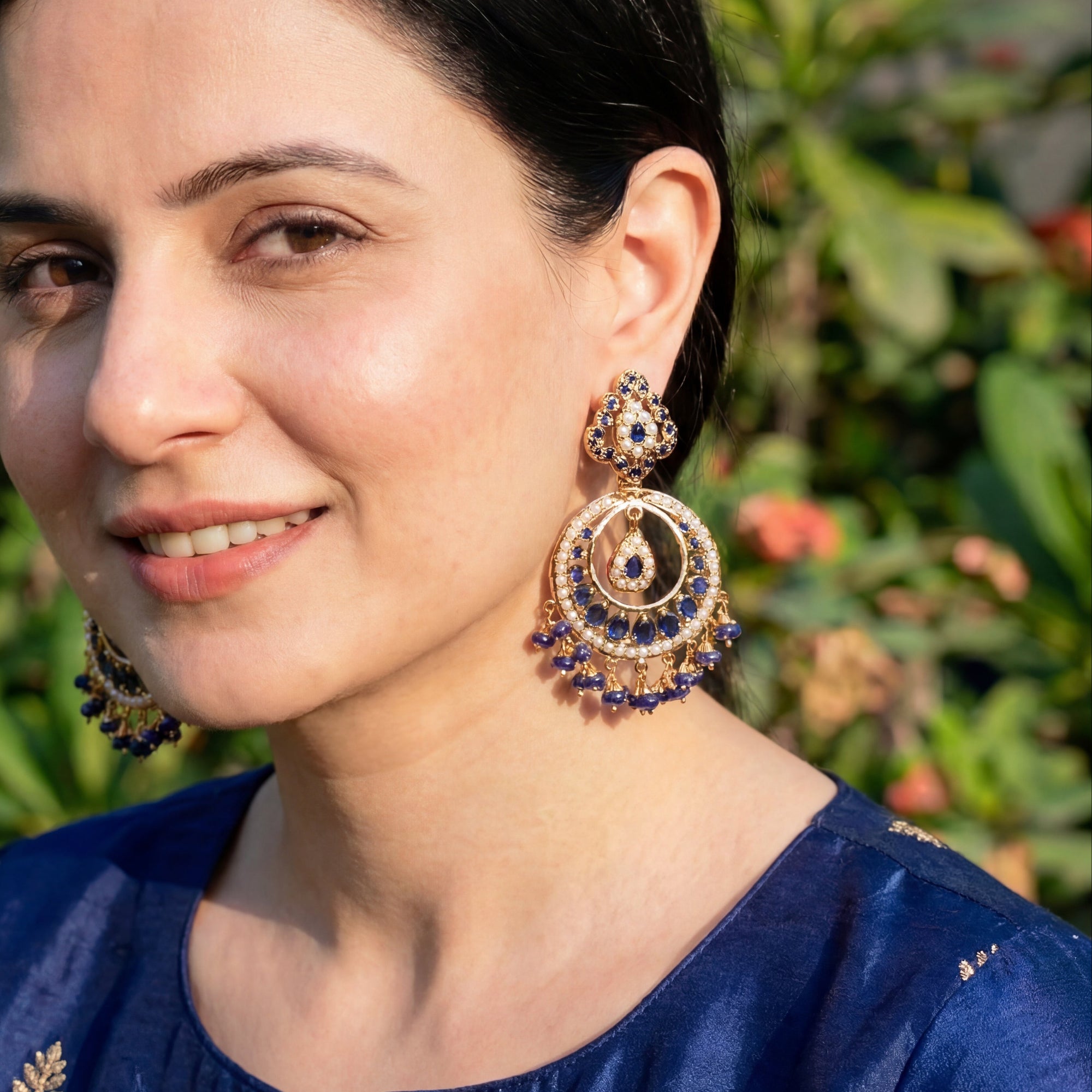 Exquisite Neelam Chandbali Earrings | Premium Jadau Jewelry on Silver Base ER 625