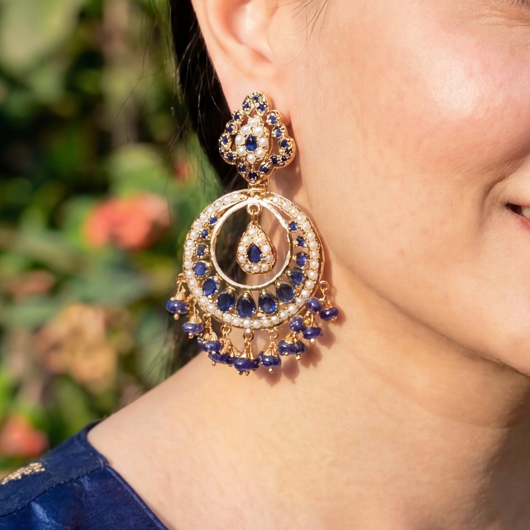 Exquisite Neelam Chandbali Earrings | Premium Jadau Jewelry on Silver Base ER 625