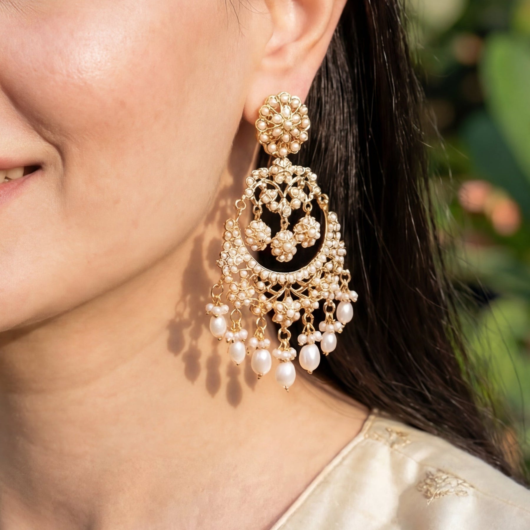 Exquisite Pearl Earrings | Gold Plated on Silver | Unique Jadau Chandbalis ER 567