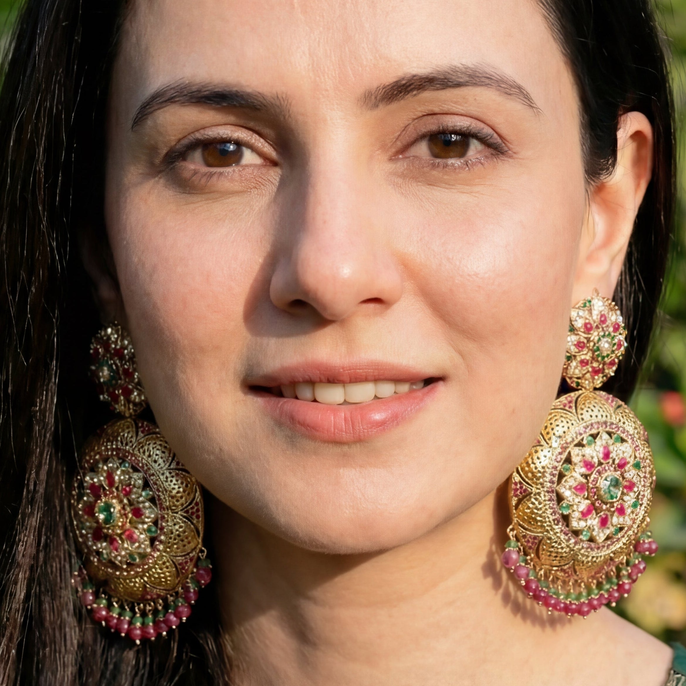 Large Round Jadau Earrings in Gold Finished Silver ER 007