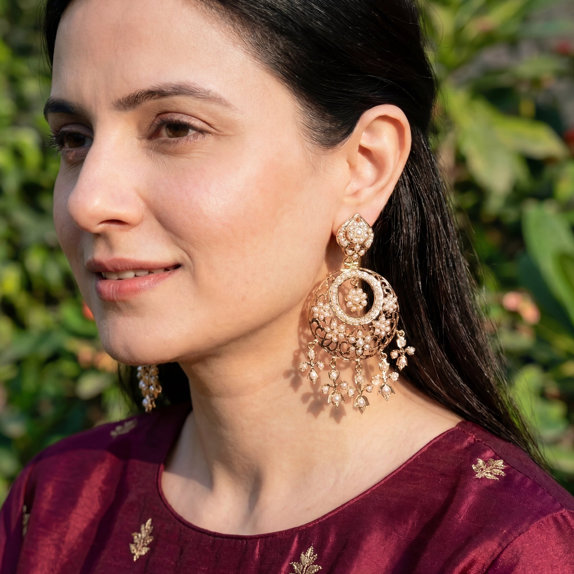 Antique Style Pearl Chandbali Earrings | Indo Western Design Jewelry on Silver ER 610