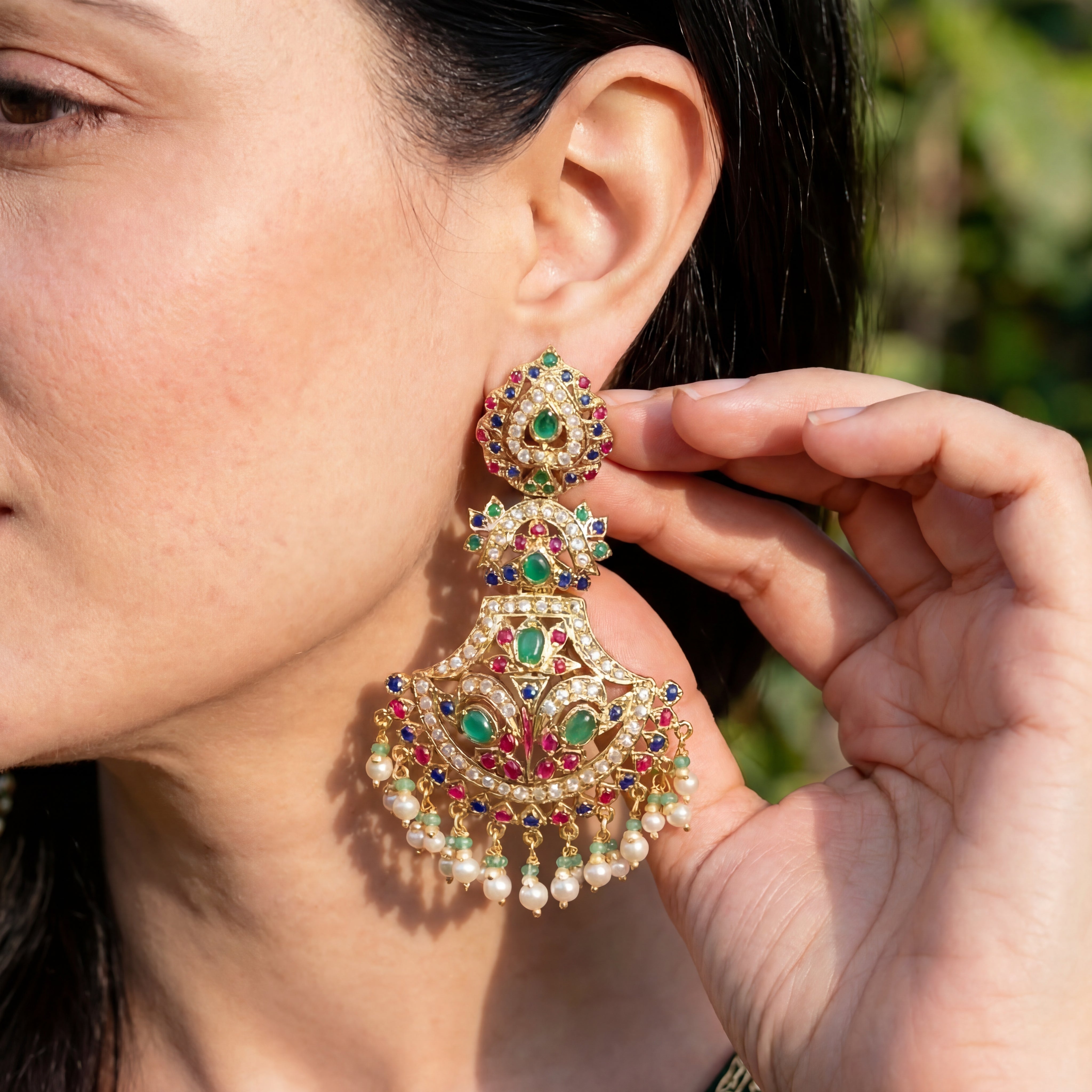 Multicolored Jadau Danglers | Gold Plated on Sterling Silver Base ER 477