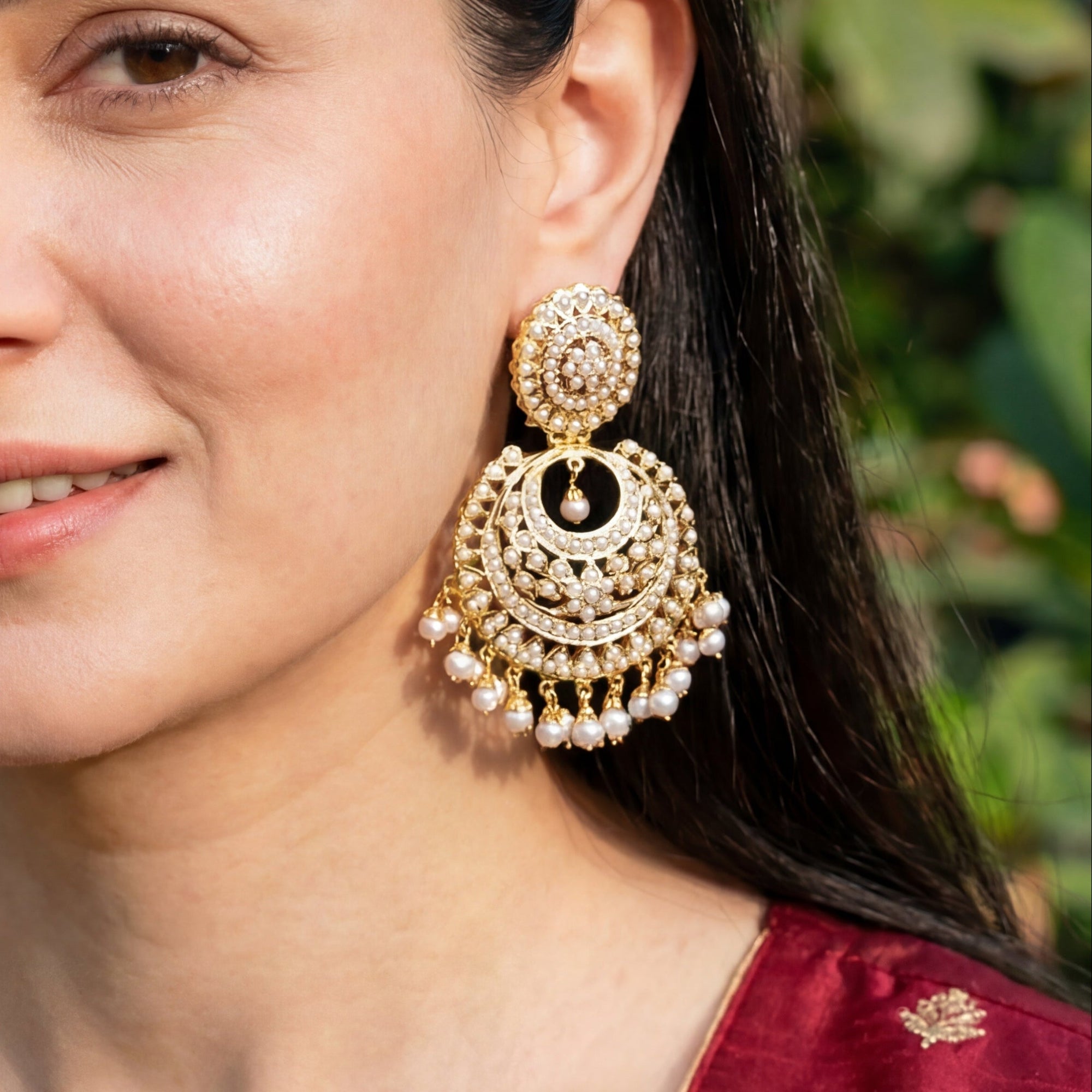 Floral Pearl Chandbali Earrings in Gold Plated Silver ER 183