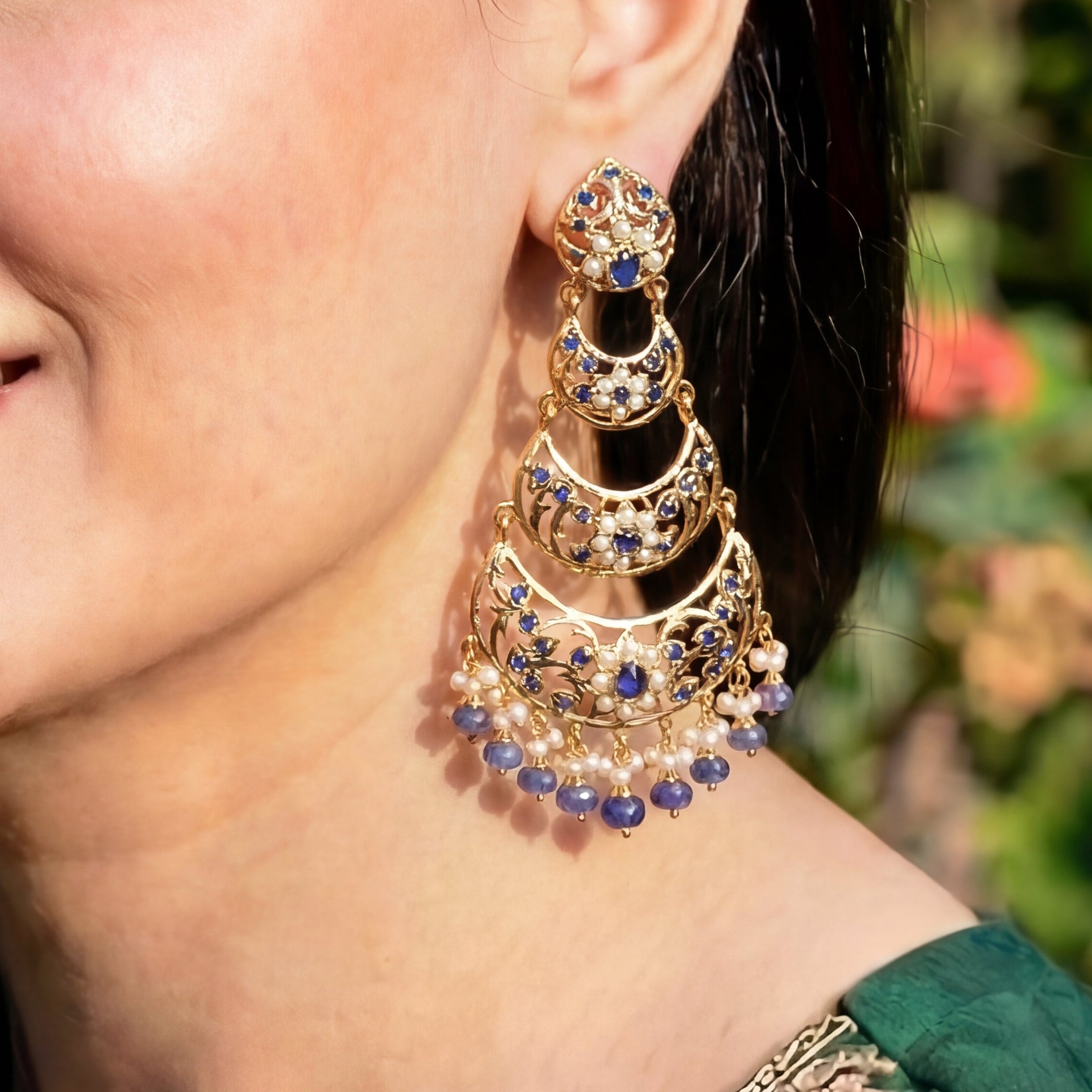 Pearl and Sapphire 3 Step Danglers | Gold Plated on Silver ER 442