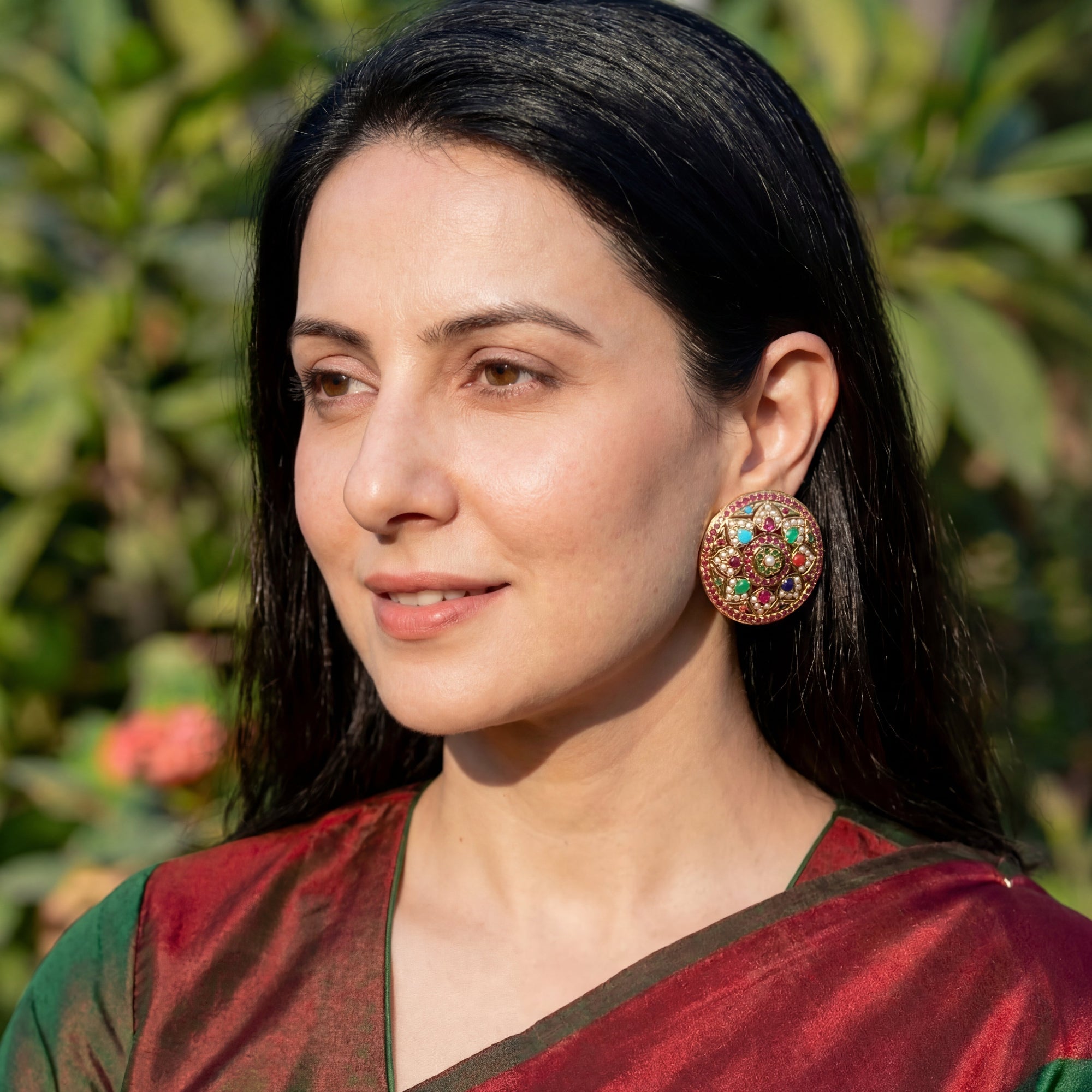 Gold Plated Navrattan Jadau Stud Earrings | Round Shape | Gold Plated Silver ER 064