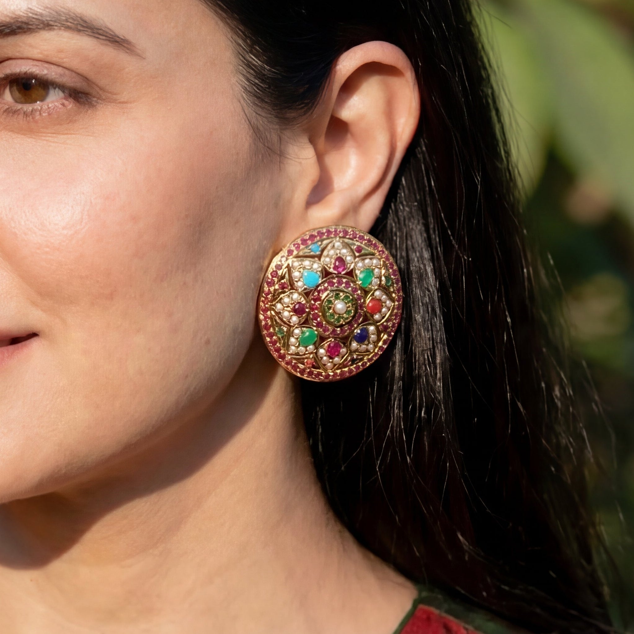 Gold Plated Navrattan Jadau Stud Earrings | Round Shape | Gold Plated Silver ER 064