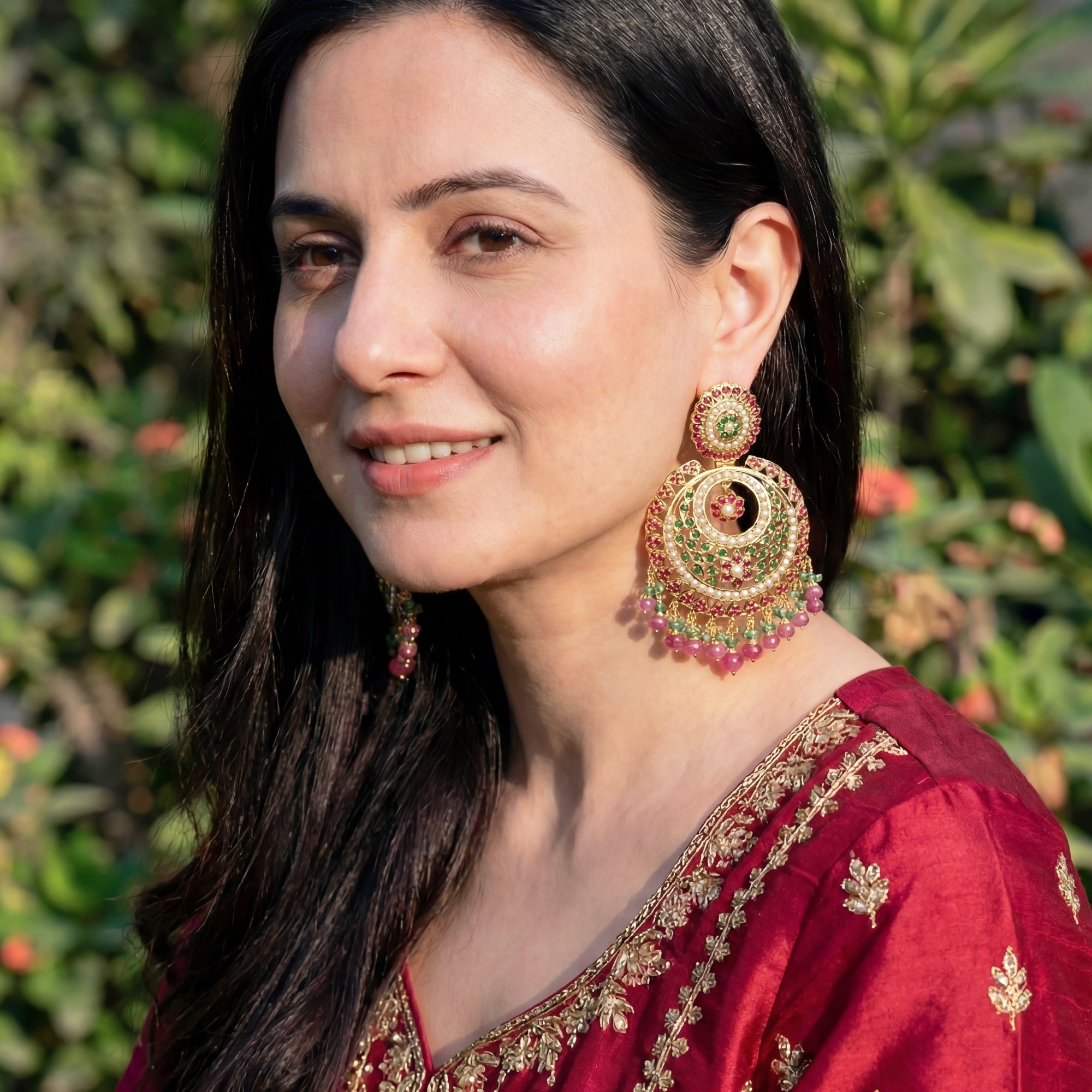 Big Punjabi Chandbali Earrings | Ruby Emerald Combination | 925 Silver Gold Plated ER 193