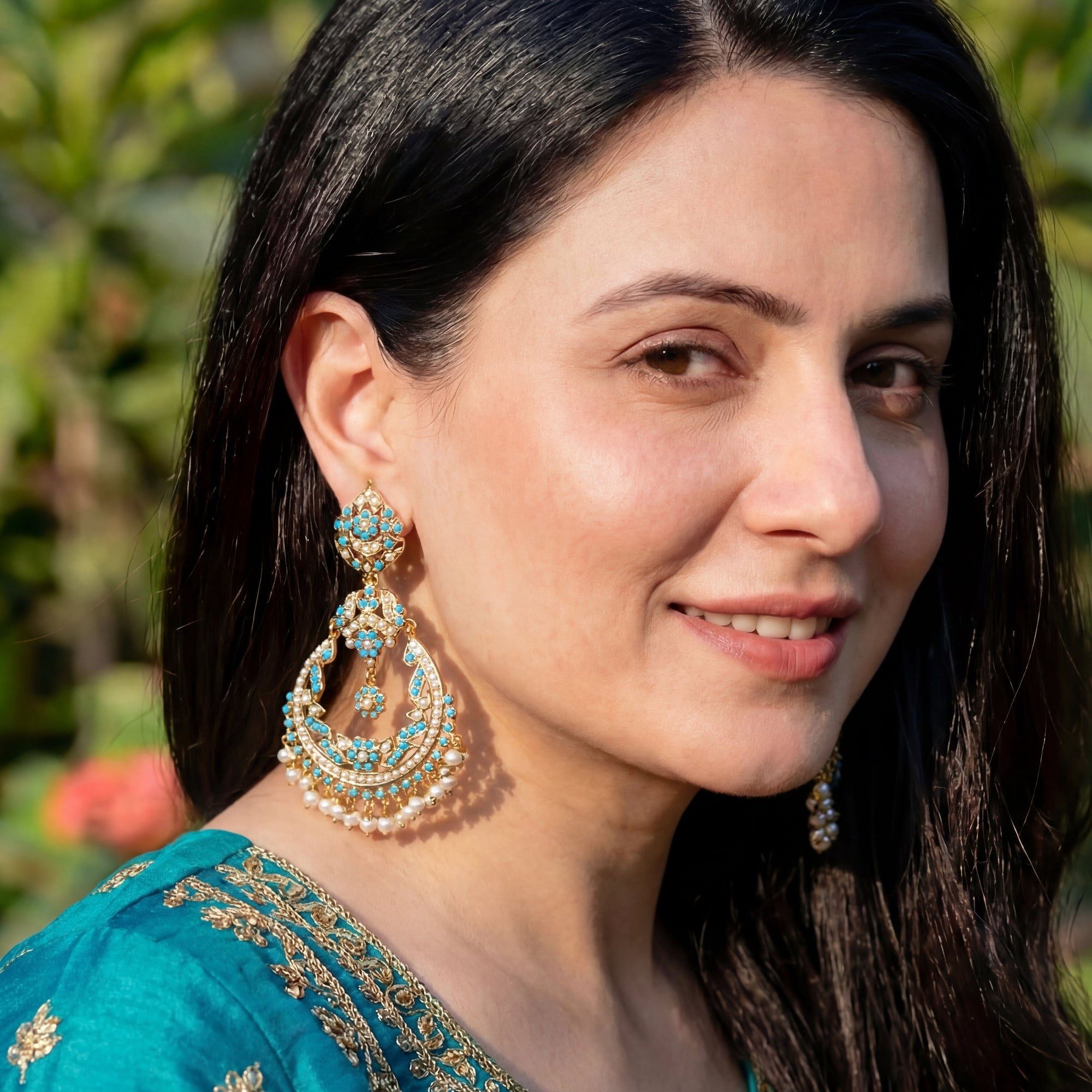 Statement Pearl-Turquoise Jadau Chandbali Earrings | Gold Plated on 925 Silver ER 053