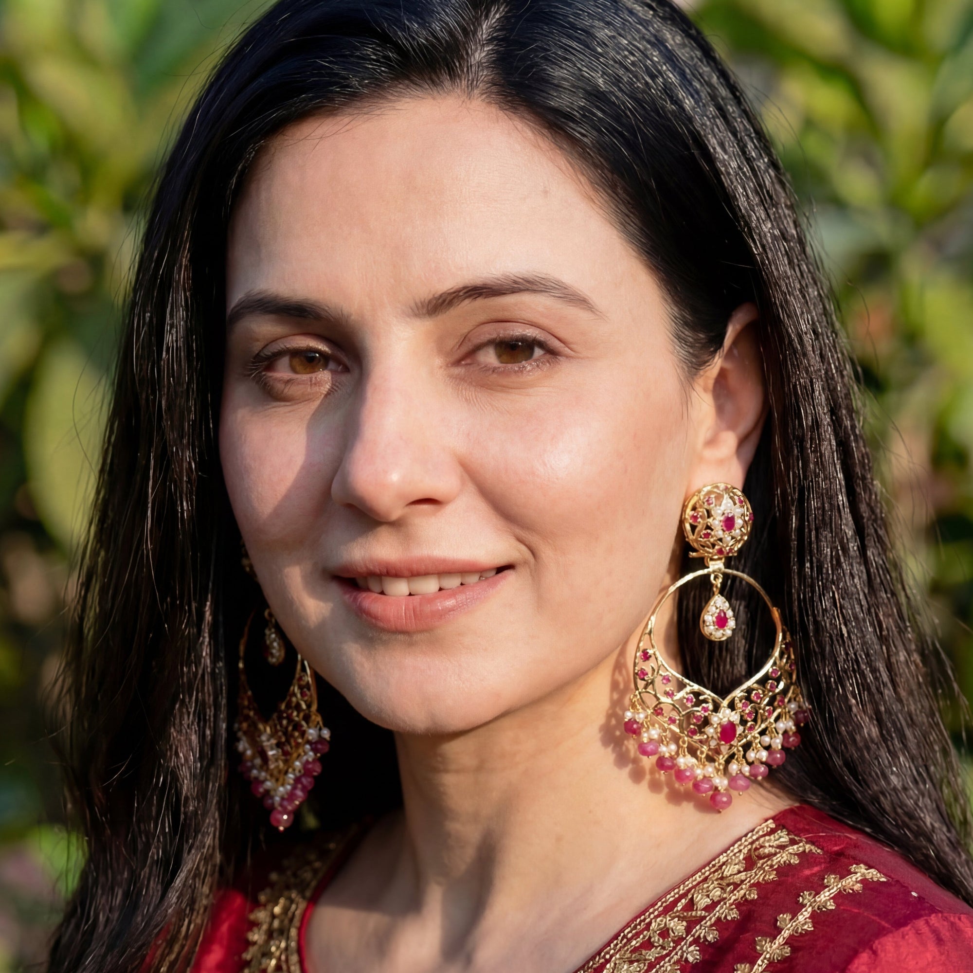 Ruby-Pearl Jadau Chandbali Earrings in Gold Plated Silver ER 106