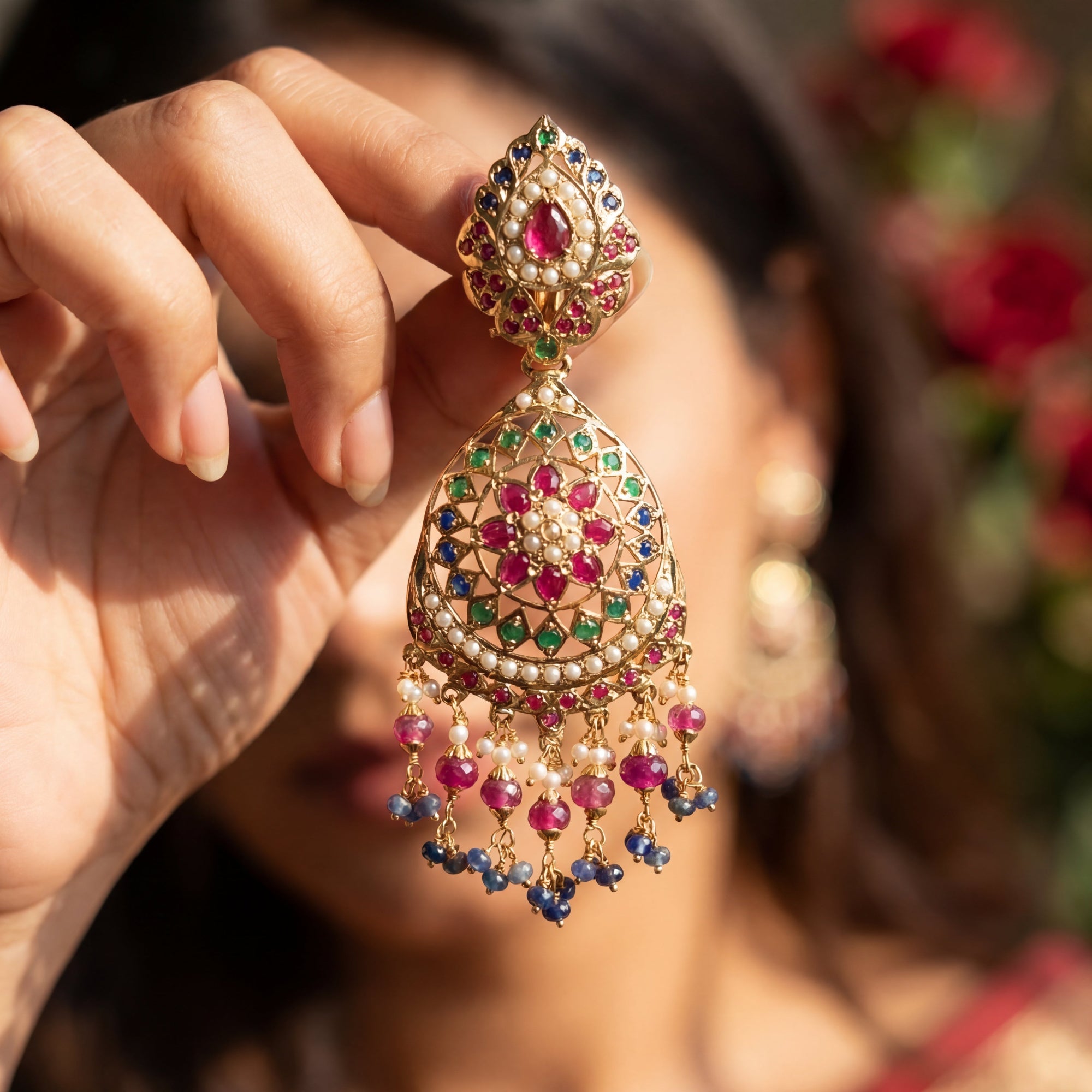 बहुरंगी जड़ाऊ डैंगलर्स | रूबी और नीलम संयोजन ER 384