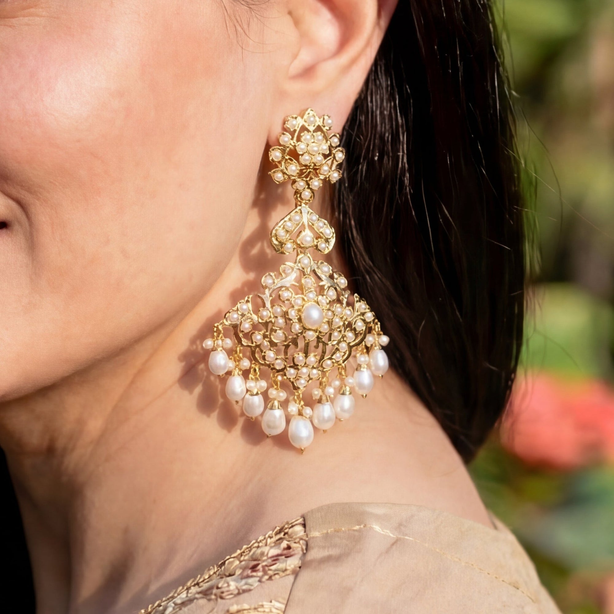 Intricate Silver Earrings studded with Freshwater Pearls | Gold Plated Indian Jewelry ER 612