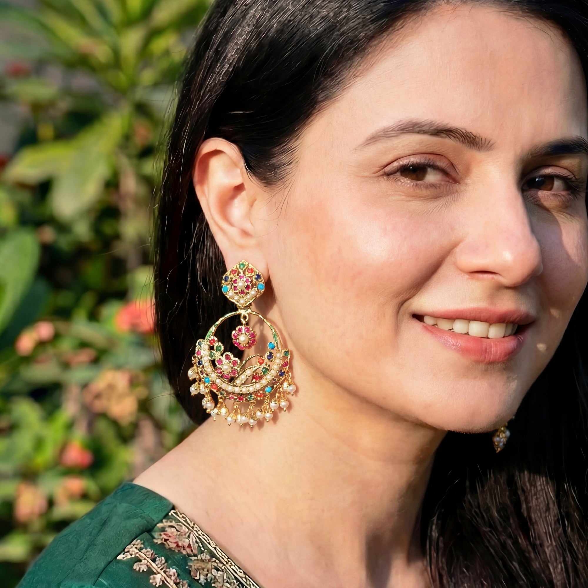 Cute Navratna Chandbali Earrings | Gold Plated on 925 Silver | ER 636