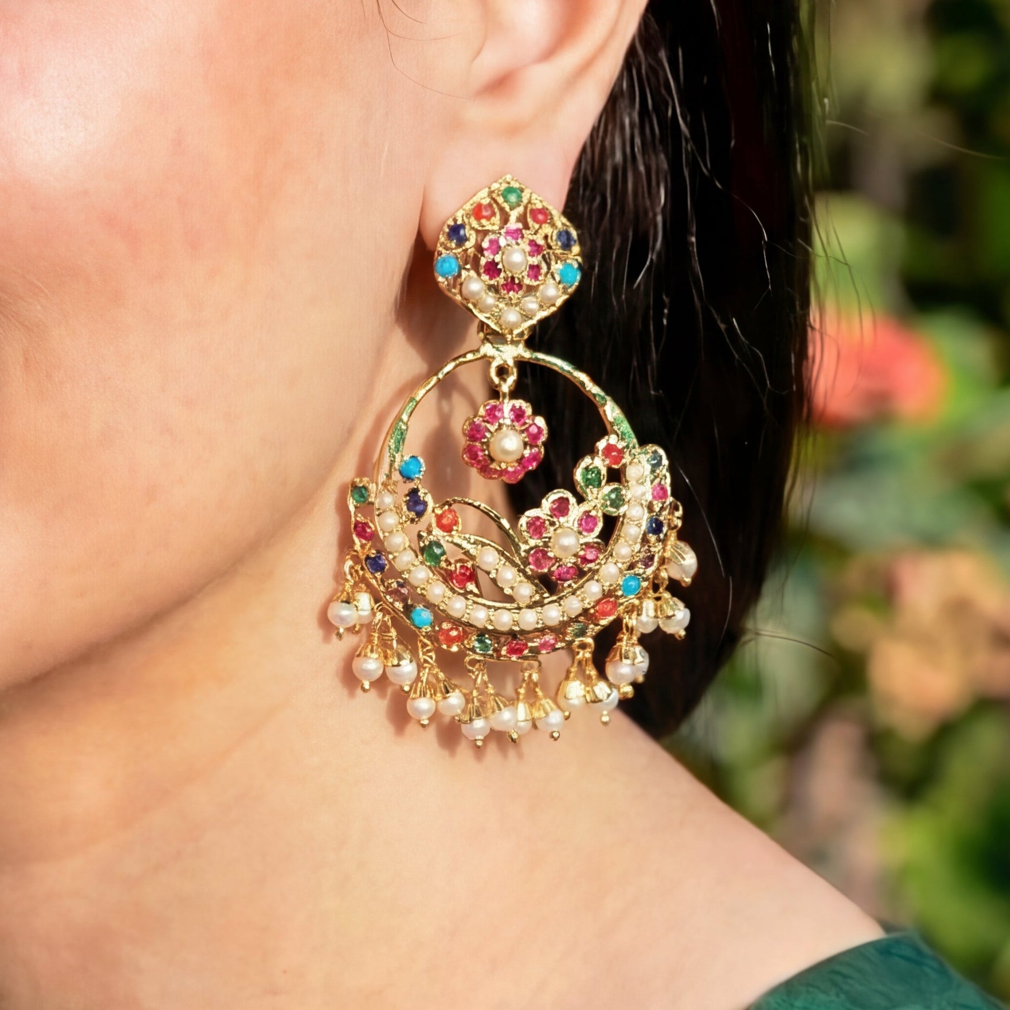 Cute Navratna Chandbali Earrings | Gold Plated on 925 Silver | ER 636