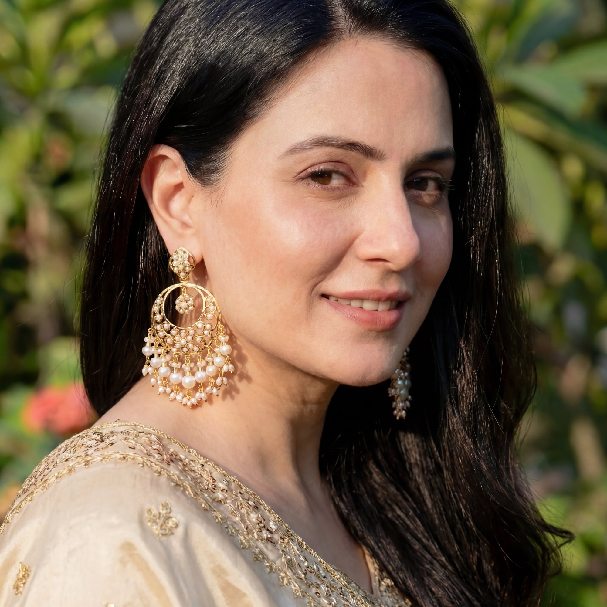 Exquisite Jadau Chandbali Earrings | Freshwater Pearls | Gold Plated on Silver ER 490